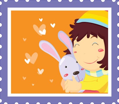 Girl hugging rabit with hearts on a stamp