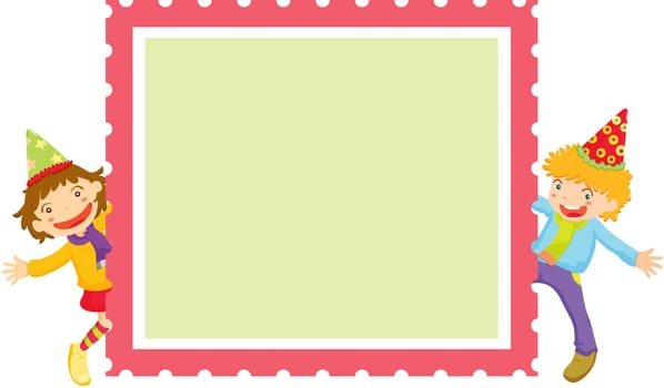 illustration of two boys behind stamp