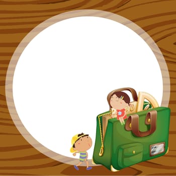 illustration of kids and school bag on a wooden backgound