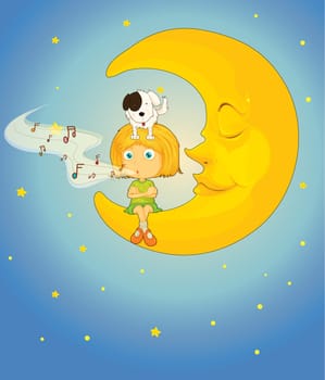 illustration of a girl, dog and moon in night sky
