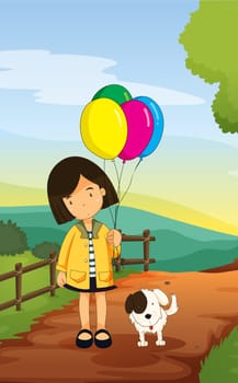 illustration of a girl and dog in a beautiful nature