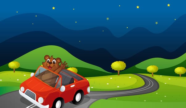 illustration of a bear and a car in a beautiful nature