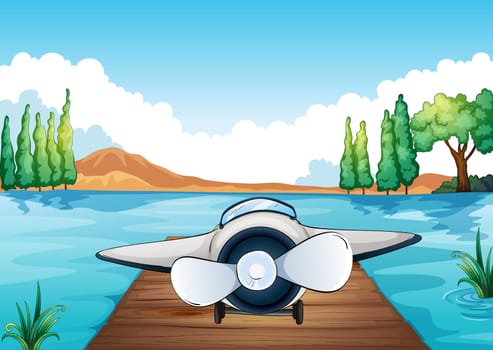 illustration of river, bench and aeroplane in a beautiful nature