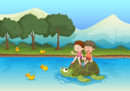 illustration of kids sailing on a tortoise in water