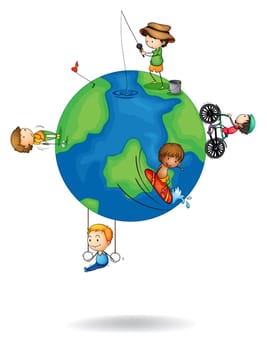 illustration of kids playing on earth globe on white