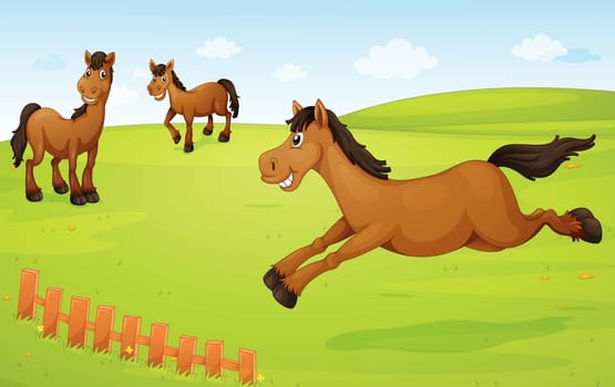 illustration of three horses in a green nature