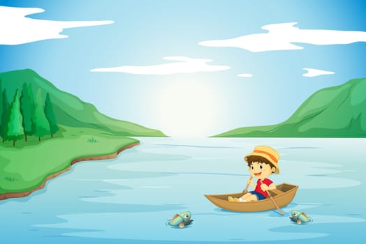 illustration of a boy rowing in a boat in nature
