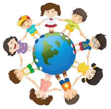 Illustration of kids around the Earth