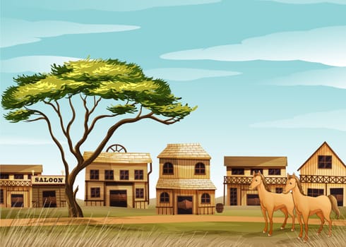 illustration of horses and a house in a beautiful nature
