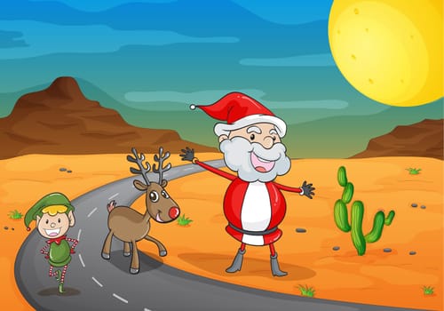 illustration of a  boy, a santa claus and a reindeer in a beautiful dessert