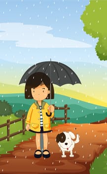 illustration of a girl and dog in a beautiful nature