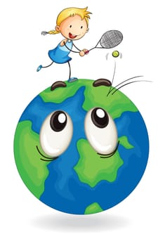 illustration of a girl playing ttennis on earth globe