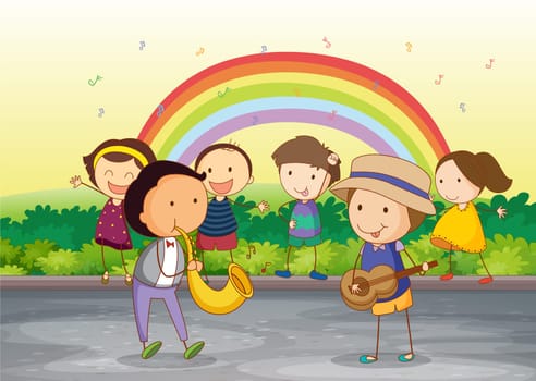 illustration of kids playing in a beautiful nature
