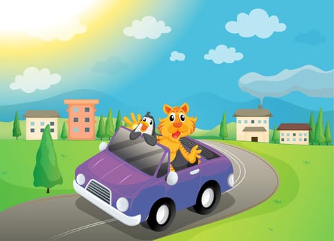 illustration of animals in a car on a road