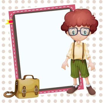illustration of a boy, a school bag and a white board