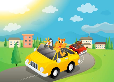 illustration of animals travelling in car