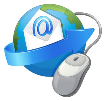 illustration of an earth, arrow, envelop and a mouse on a white background