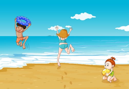 illustration of kids on seashore in a beautiful nature