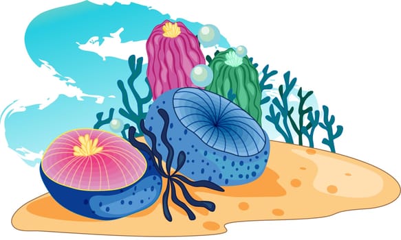 Sea-plants accompanied by bubbles blow in a strong current