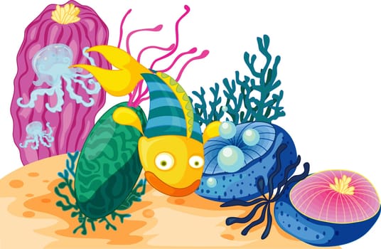 Yellow and green fish with two jellyfish