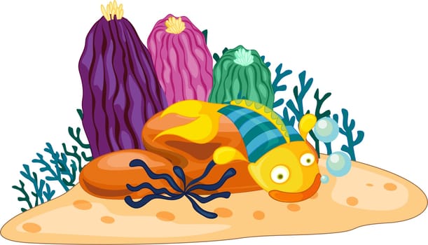 Blue and yellow stiped fish with plants