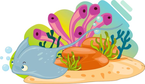 A solitary sting ray swims past inquisitive sea plants