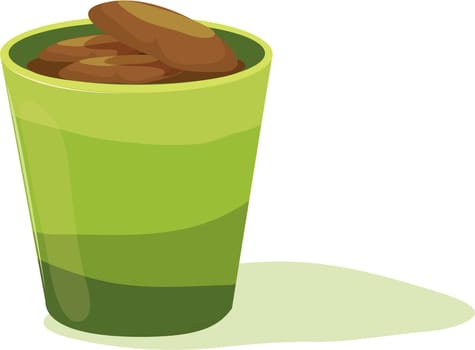 Brown pebbles inside green pot