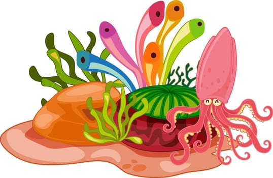 Cheeful Squid floating by colourful oceanic-plants