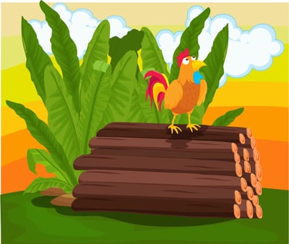 Cockerel standing on pile of logs