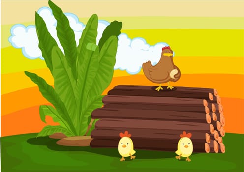 Chicken standing on a pile of wood