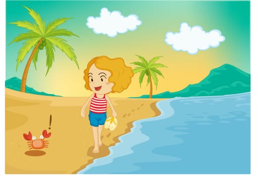 illustration of girl standing beside crab on cost