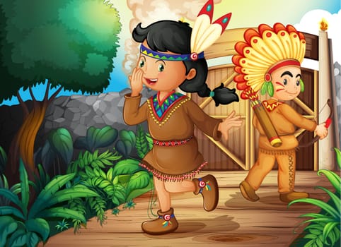 illustration of a kids and a gate in a beautiful nature