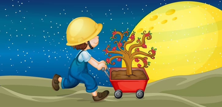 illustration of a boy and trolley with plant