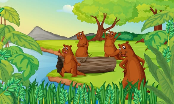 illustration of otters in a beautiful nature