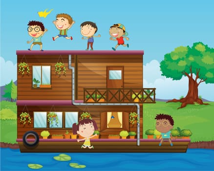 illystration of kids playing near a houseboat