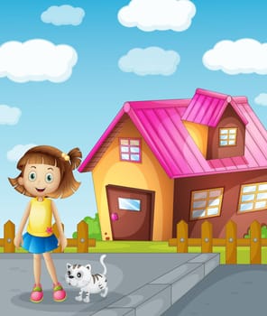 detailed illustration of a girl and cat infront of house