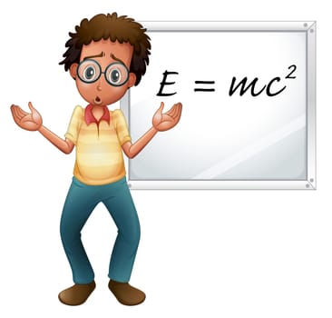 illustration of boy showing white board on a white background