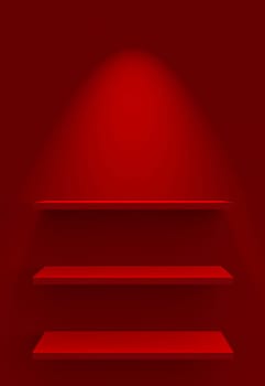Three Shelves on Wall with Lighting - Red