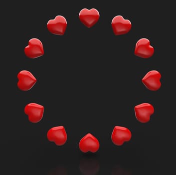 Circle of red 3D hearts against black background 1