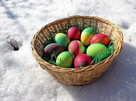 Easter basket with nine colorful Easter eggs