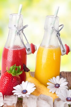 Fruit juices with ice cream against a natural background