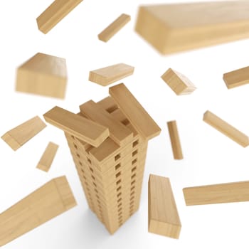 Wooden tower made of building blocks in motion 2