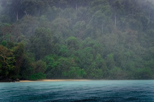 Ocean rain storm detail with green coast background and raindrops