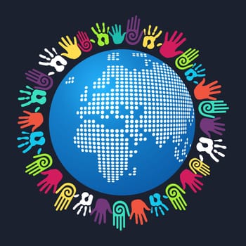 Colorful people hand around Europe and Africa world map. Vector file layered for easy manipulation and custom coloring.