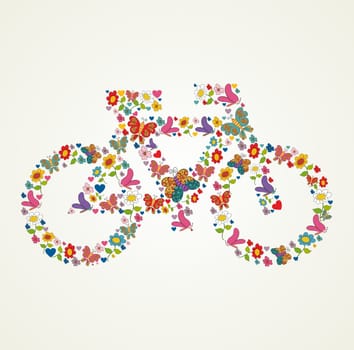 Spring flower and butterfly icons texture in icon green bike shape composition background. Vector illustration layered for easy manipulation and custom coloring.