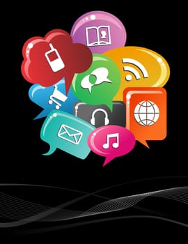 Social media icons set in colorful bubble speech layout. Vector file layered for easy manipulation and custom coloring.