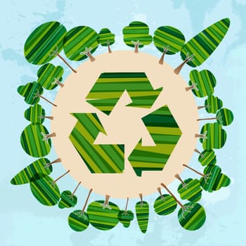 Multicolored transparent banded trees around recycle symbol world. EPS10 file version. This illustration contains transparencies and is layered for easy manipulation and custom coloring