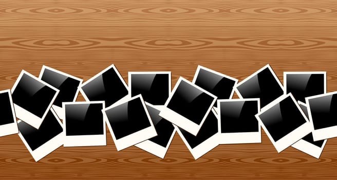 Vintage Polaroid frame seamless pattern over wooden texture background. Vector file layered for easy manipulation and custom coloring.