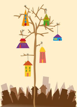 Multicolored transparent town hanging from a tree. EPS10 file version. This illustration contains transparencies and is layered for easy manipulation and custom coloring