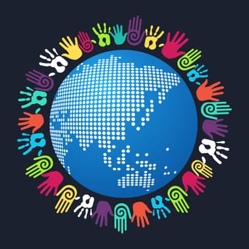 Colorful people hand around Asian world map. Vector file layered for easy manipulation and custom coloring.